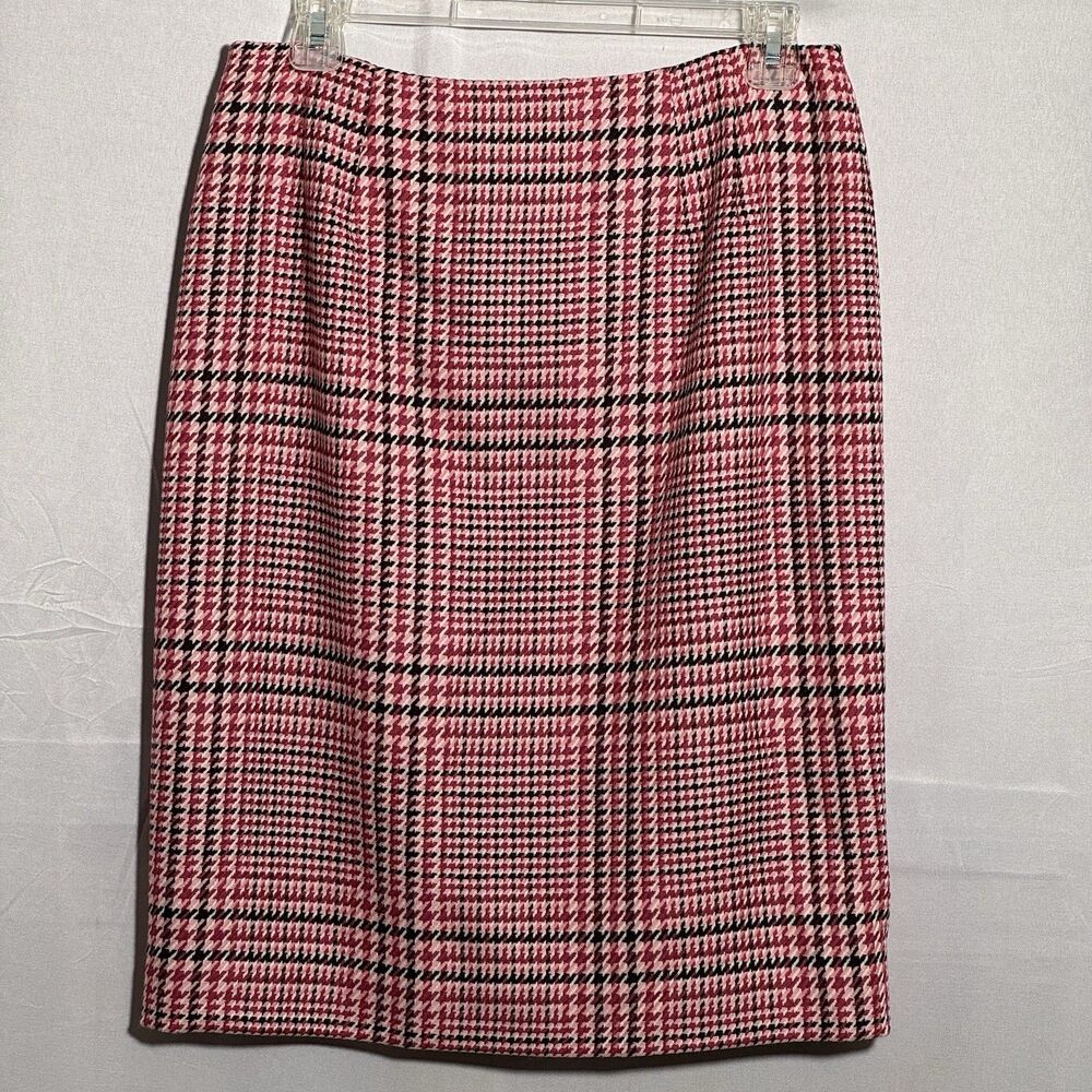 Talbots Womens Size 8 Pink Black Plaid Houndstooth 100% Wool Pencil Skirt Career